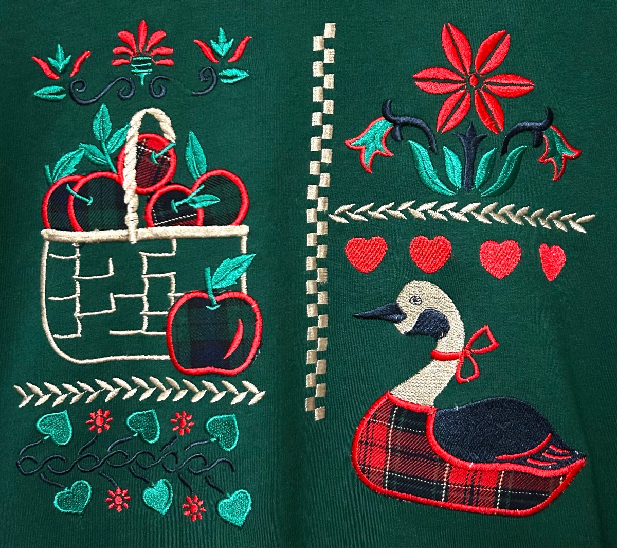 刺繍 スウェット トレーナー 襟付き グリーン 深緑 鳥 リンゴ 花