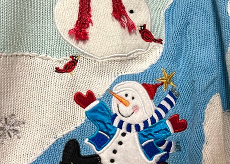 スノーマン ニット カーデ 紺 ネイビー 刺繍 ツリー ネコ 鳥 羊 うさぎ ヴィンテージ カントリー レトロ 個性的 かわいい 古着/club723(N446)