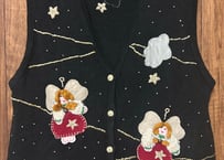 天使 エンジェル 女の子 ニットベスト 黒 刺繍 装飾 星 雲 人 ファンシー レトロ かわいい おしゃれ ヴィンテージ USA 古着/club723 クラブ723(N726)