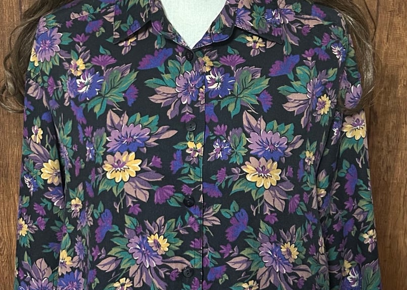柄 シャツ 黒 長袖 花 カラフル レトロ カントリー 個性的 おしゃれ