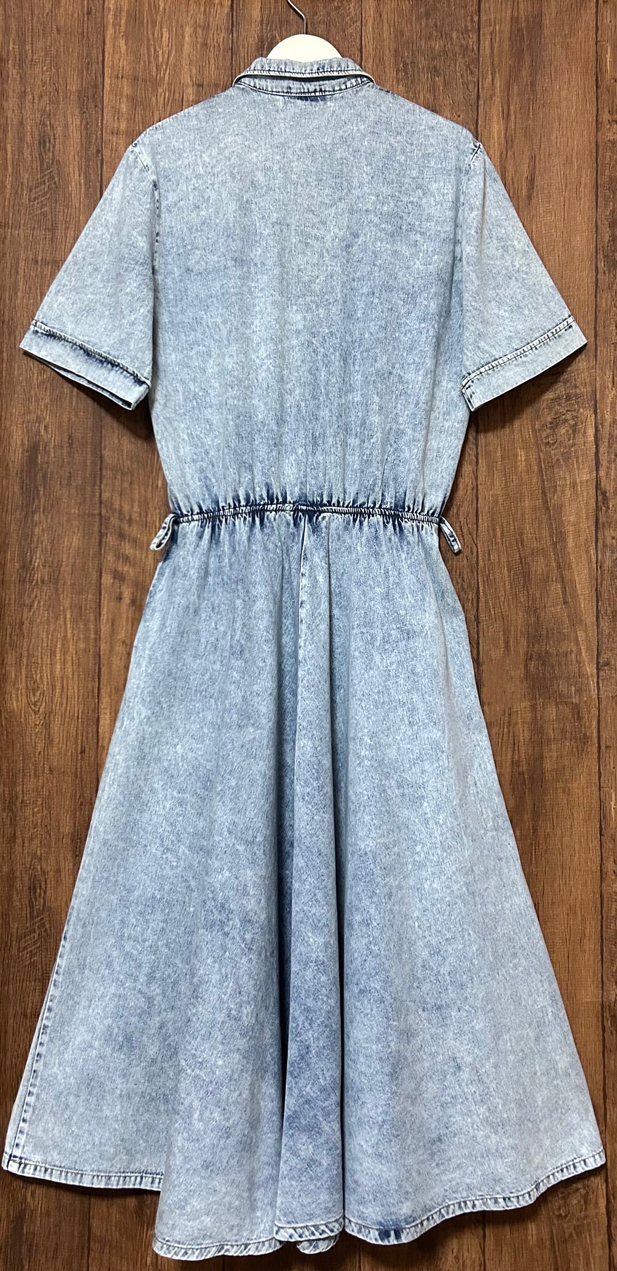 ケミカル ウォッシュ デニム ロング ワンピース 半袖 ポケット レトロ