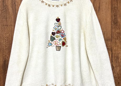 ニット セーター 白 刺繍 装飾 ハート レトロ おしゃれ 個性的 かわいい ヴィンテージ USA vintage used 古着/club723 クラブ723(N588)