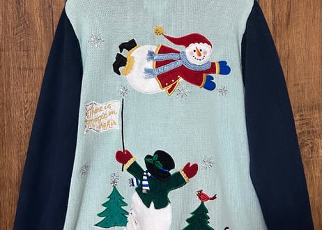 スノーマン ニット カーデ 紺 ネイビー 刺繍 ツリー ネコ 鳥 羊 うさぎ ヴィンテージ カントリー レトロ 個性的 かわいい 古着/club723(N446)