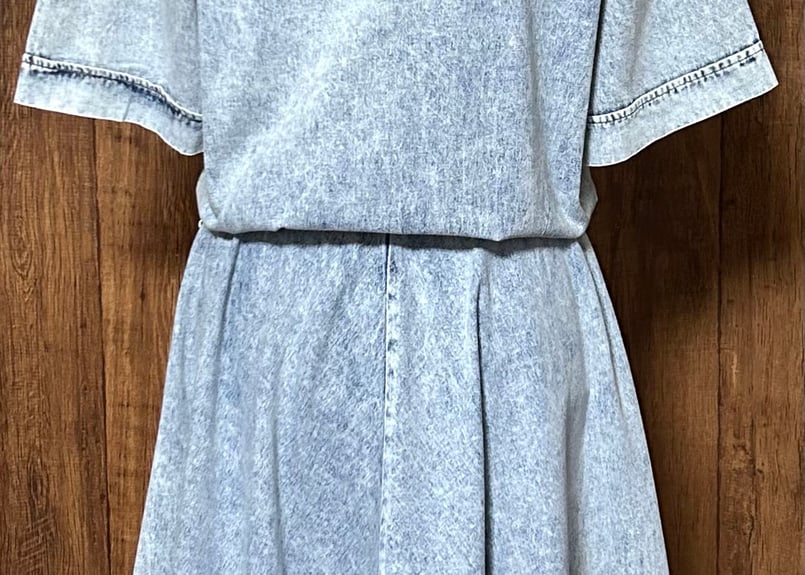 ケミカル ウォッシュ デニム ロング ワンピース 半袖 ポケット レトロ