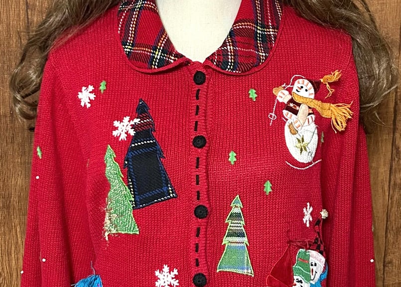 クリスマス アグリー ニット カーディガン 赤 刺繍 装飾 スノーマン