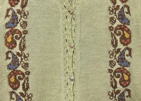 ニット カーディガン カーデ 長袖 グリーン 黄緑 刺繍 ヨーロッパ ヴィンテージ カラフル レトロ カントリー おしゃれ vintage used 古着/club723 クラブ723(N719)
