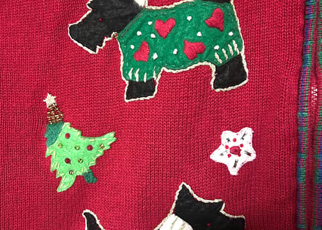 クリスマス アグリー ニット カーディガン 犬 動物 赤 刺繍 装飾 ツリー カラフル ファンシー おしゃれ かわいい ヴィンテージ USA 古着/club723 クラブ723(N742)