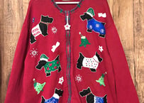クリスマス アグリー ニット カーディガン 犬 動物 赤 刺繍 装飾 ツリー カラフル ファンシー おしゃれ かわいい ヴィンテージ USA 古着/club723 クラブ723(N742)