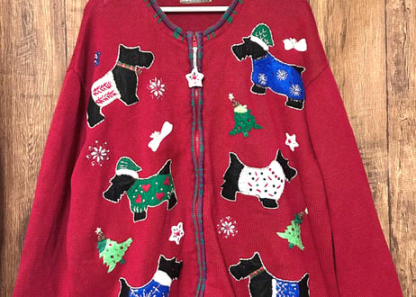 クリスマス アグリー ニット カーディガン 犬 動物 赤 刺繍 装飾 ツリー カラフル ファンシー おしゃれ かわいい ヴィンテージ USA 古着/club723 クラブ723(N742)