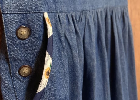 ひまわり デニム ロング ワンピース ジャンパースカート ジャンスカ 花 カントリー アメリカン レトロ フォークロア USA ヴィンテージ vintage used 古着/club723(N411)