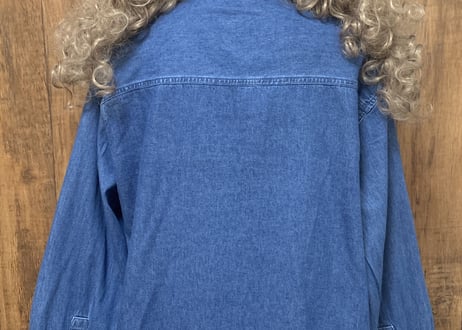 赤い鳥　クリスマス　デニム　シャツ　大きめ　ビッグ　XL 刺繍　アップリケ　家　リボン　アメリカン　カントリー　ヴィンテージ vintage used USA 古着/club723 (N151)