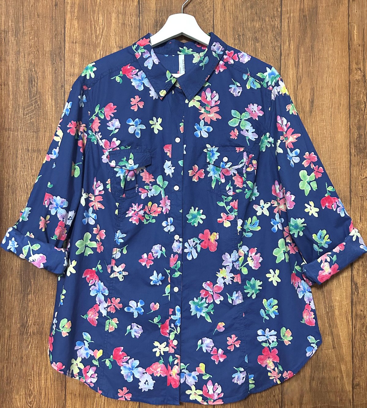 花柄 シャツ OLD NAVY オールドネイビー 長袖 七分 胸ポケット 紺