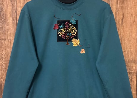 刺繍 スウェット スエット トレーナー 秋 葉 装飾 二重襟 グリーン レトロ おしゃれ ヴィンテージ USA vintage used 古着/club723 クラブ723(N709)