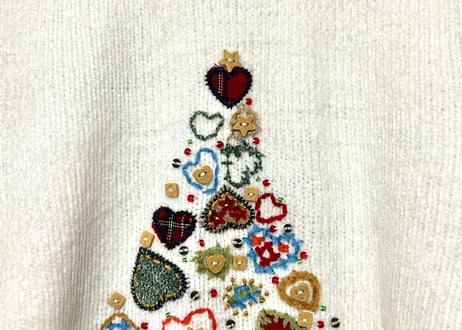 ニット セーター 白 刺繍 装飾 ハート レトロ おしゃれ 個性的 かわいい ヴィンテージ USA vintage used 古着/club723 クラブ723(N588)