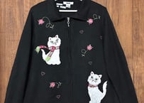 ねこ ネコ 動物 ニット カーディガン 黒 刺繍 装飾 花 ヴィンテージ カントリー ファンシー かわいい vintage used 古着/club723 クラブ723(N721)