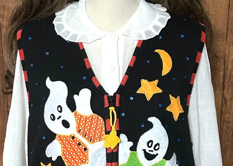 ハロウィン ハロウィーン ニットベスト おばけ 黒 刺繍 装飾 星 月 ファンシー レトロ 個性的 かわいい ヴィンテージ USA 古着/club723 クラブ723(N708)