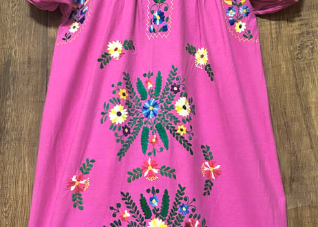 メキシカン ワンピース ピンク 花 鳥 刺繍 手刺繍 ヴィンテージ エスニック ヒッピー カラフル メキシコ おしゃれ かわいい 古着/club723 クラブ723(N807)