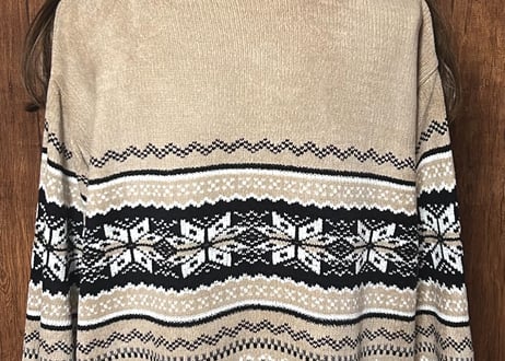 ニット セーター カーディガン カーデ 雪柄 ベージュ ファスナー レトロ カジュアル 個性的 おしゃれ かわいい vintage used 古着/club723 クラブ723(N574)