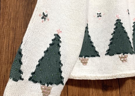クリスマス アグリー セーター ニット カーデ 白 刺繍 手刺繍 ツリー クリスマスツリー アメリカン カントリー レトロ 個性的 かわいい vintage used 古着/club723(N382)