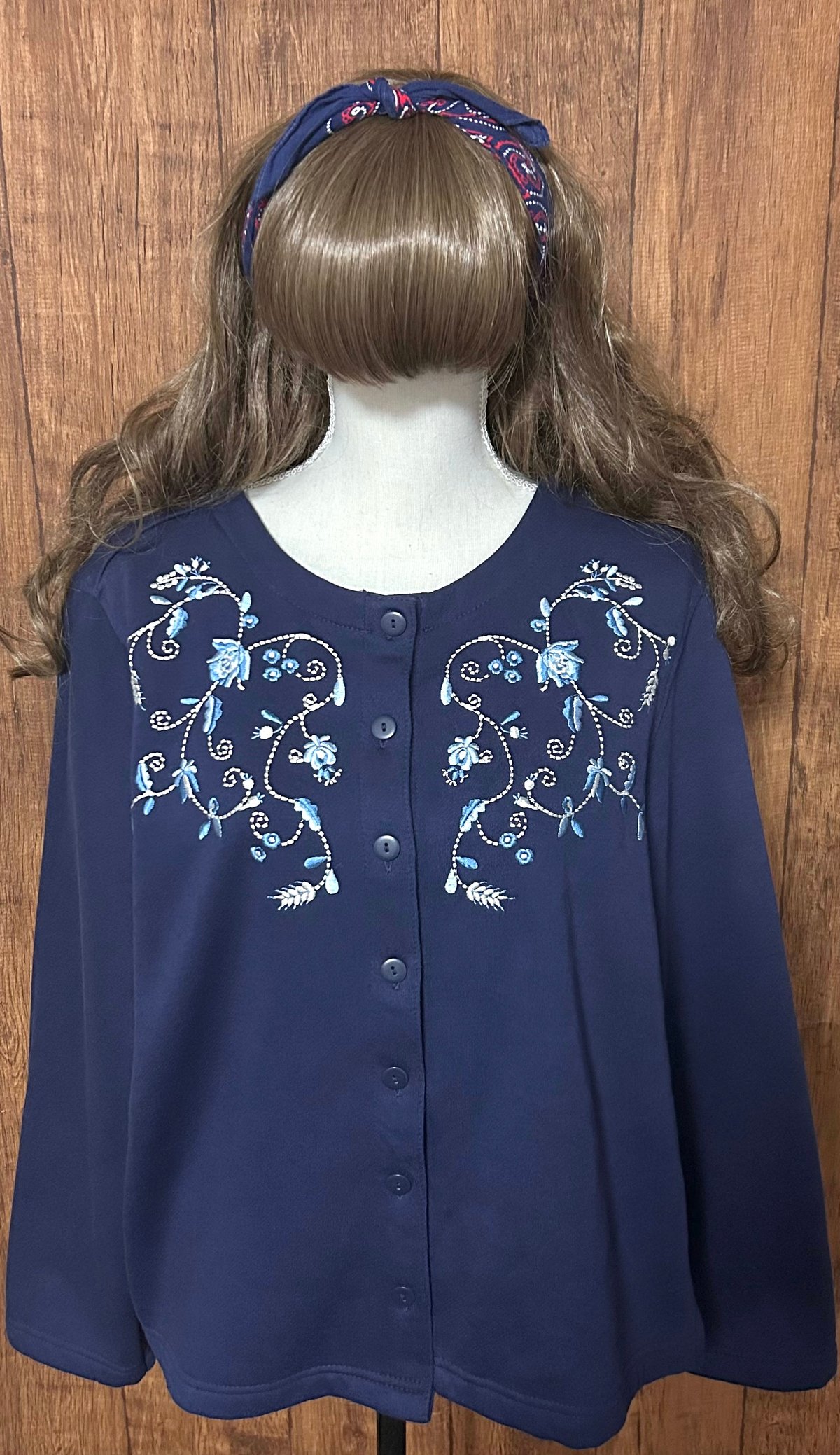 刺繍 スウェット スエット カーディガン 花 紺 ネイビー レトロ