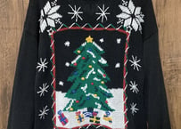 クリスマス ニット アグリー セーター 黒 刺繍 手刺繍 ツリー 雪  プレゼント 豪華 カラフル アメリカン カントリー ヴィンテージ vintage used 古着/ club723(N365)