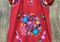 メキシカン ワンピース 花 鳥 刺繍 手刺繍 ヴィンテージ エスニック ヒッピー カラフル 赤 メキシコ USA vintage 古着/club723 クラブ723(N642)