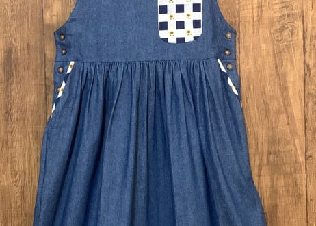 ひまわり デニム ロング ワンピース ジャンパースカート ジャンスカ 花 カントリー アメリカン レトロ フォークロア USA ヴィンテージ vintage used 古着/club723(N411)
