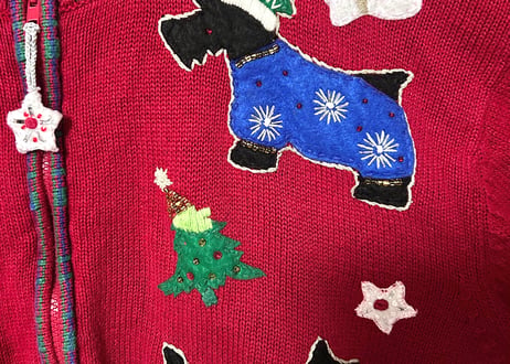 クリスマス アグリー ニット カーディガン 犬 動物 赤 刺繍 装飾 ツリー カラフル ファンシー おしゃれ かわいい ヴィンテージ USA 古着/club723 クラブ723(N742)