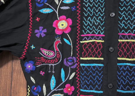 刺繍 ロング ワンピース 長袖 黒 鳥 花 ヴィンテージ エスニック レトロ カントリー フォークロア おしゃれ かわいい vintage used 古着/club723 クラブ723(N777)