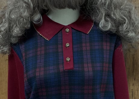 レトロ クラシカル トップス 長袖 襟 チェック エンジ ボルドー 紺 ネイビー トラッド アイビー 個性的 おしゃれ USA vintage used 古着/club723(N273)
