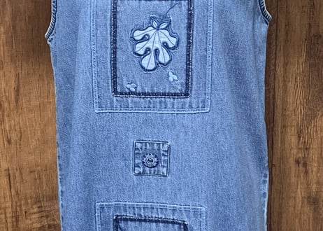 刺繍 デニム ワンピース 葉 ジャンパースカート ジャンスカ レトロ カントリー アメリカン USA ヴィンテージ vintage used 古着/club723(N301)