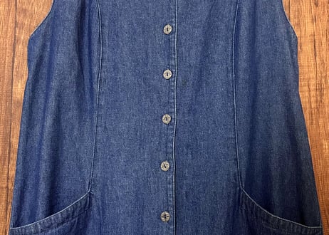 デニム ロング マキシ ワンピース ジャンパースカート 袖なし ボタン ポケット レトロ カントリー おしゃれ かわいい ヴィンテージ vintage used 古着/club723(N526)