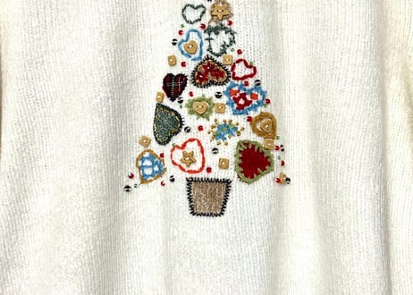 ニット セーター 白 刺繍 装飾 ハート レトロ おしゃれ 個性的 かわいい ヴィンテージ USA vintage used 古着/club723 クラブ723(N588)