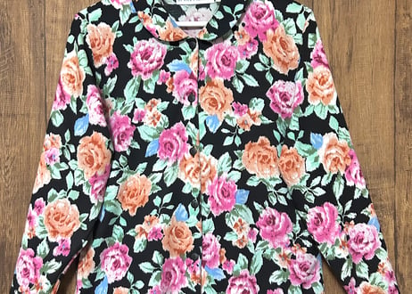 花柄 シャツ バラ 長袖 丸襟 カラフル レトロ 個性的 派手柄 おしゃれ かわいい ヴィンテージ used vintage 古着/club723 クラブ723(N638)