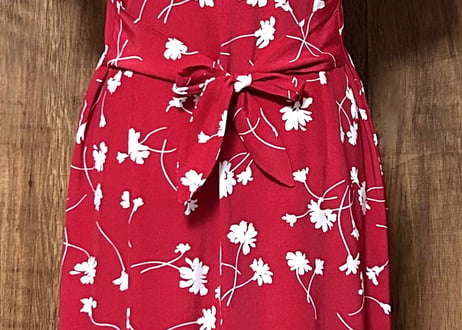 ロング マキシ ワンピース 花 フラワー 半袖 ボタン 赤 レトロ カラフル 個性的 おしゃれ かわいい ヴィンテージ vintage used 古着/club723 クラブ723(N658)