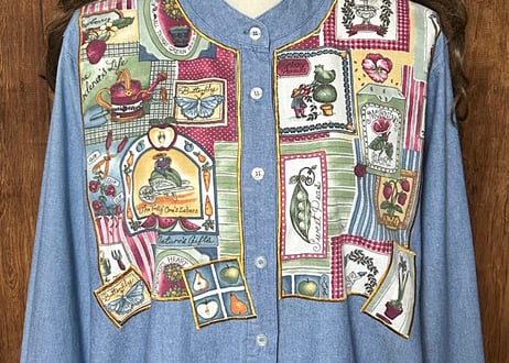 シャンブレー シャツ 花 果物 いちご 蝶 デニム 長袖 レトロ カントリー おしゃれ かわいい USA ヴィンテージ used vintage 古着/club723 クラブ723(N566)