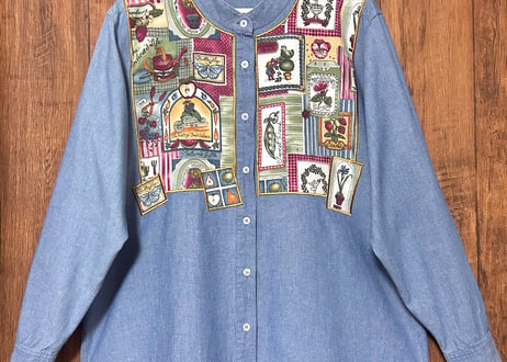 シャンブレー シャツ 花 果物 いちご 蝶 デニム 長袖 レトロ カントリー おしゃれ かわいい USA ヴィンテージ used vintage 古着/club723 クラブ723(N566)