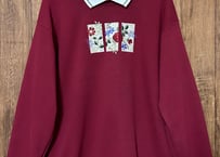 えんじ ワインレッド スウェット トレーナー 花 刺繍 襟付き レトロ アメリカン カントリー 個性的 おしゃれ かわいい USA vintage used 古着/club723(N461)