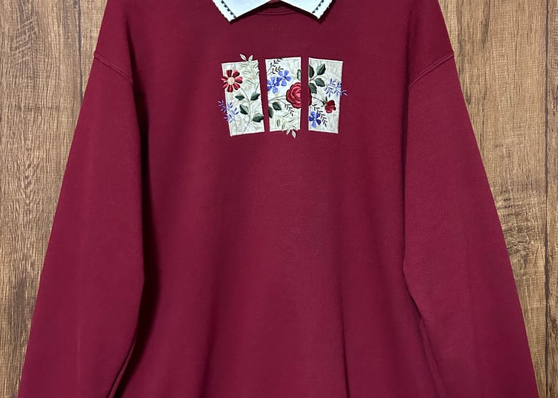 えんじ ワインレッド スウェット トレーナー 花 刺繍 襟付き レトロ