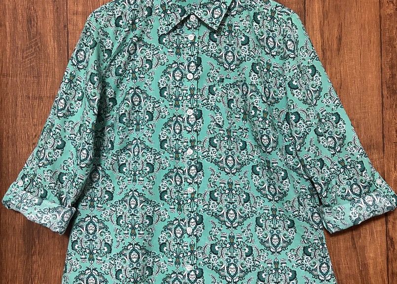 柄 シャツ 長袖 七分袖 ターコイズグリーン エメラルドグリーン 胸  