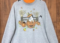スウェット トレーナー ネコ ねこ 動物 カボチャ パンプキン ハロウィン 秋 グレー リボン レトロ 個性的 かわいい USA ヴィンテージ vintage 古着/club723(N565)