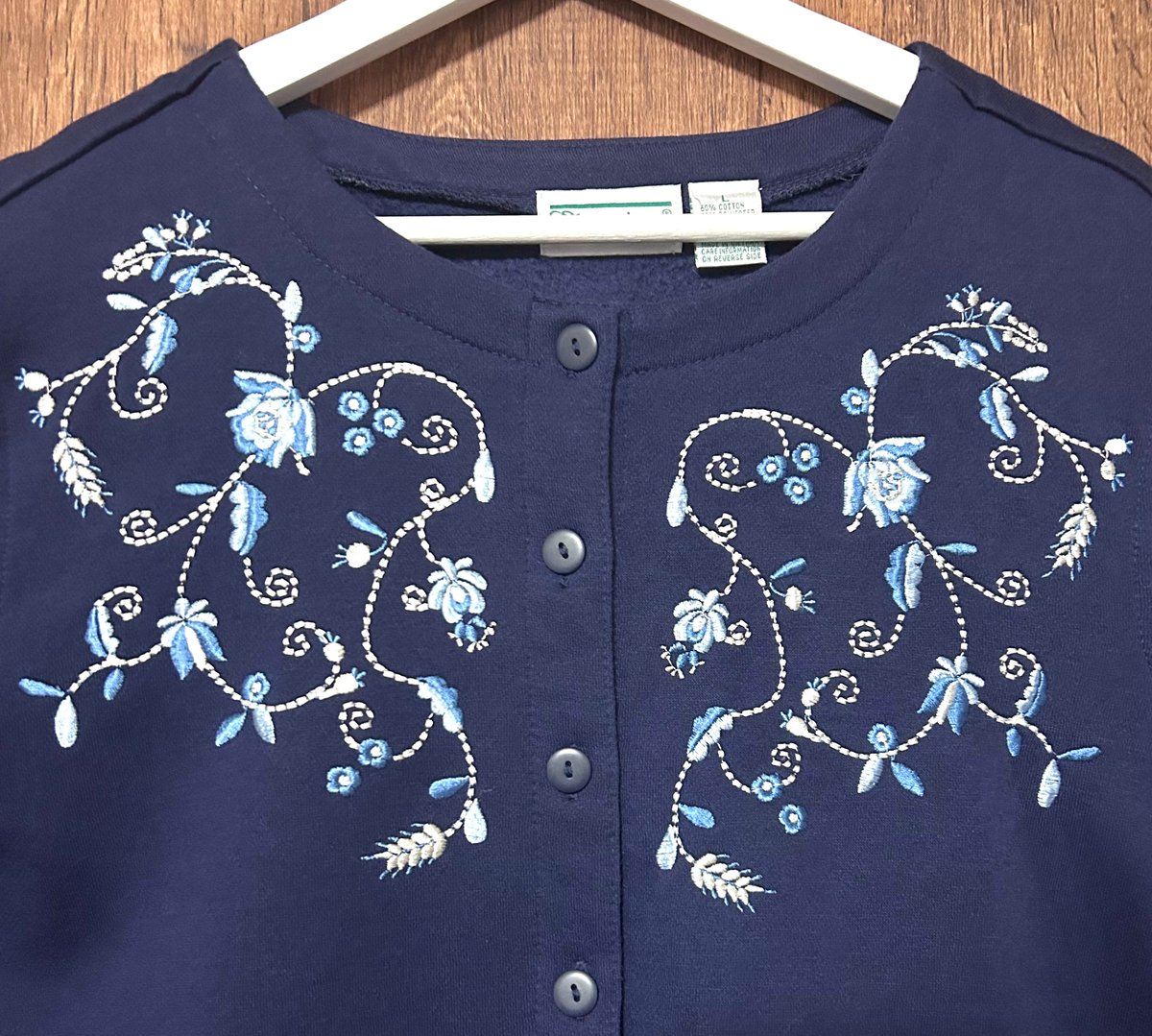 ニット カーディガン 花 刺繍 ネイビー 紺 ゆるだぼ ヴィンテージ 刺繍 スウェット スエット カーディガン 花 紺 ネイビー レトロ