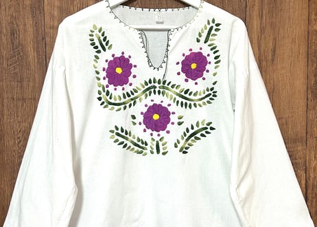刺繍 手刺繍 トップス 白 花 葉 長袖 ヴィンテージ メキシコ カラフル エスニック フォークロア カントリー ダンス おしゃれ かわいい 古着/club723(N804)