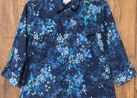 花柄 総柄 シャツ 長袖 七分 胸ポケット 紺 ネイビー レトロ カントリー おしゃれ かわいい ヴィンテージ used vintage 古着/club723 クラブ723(N766)