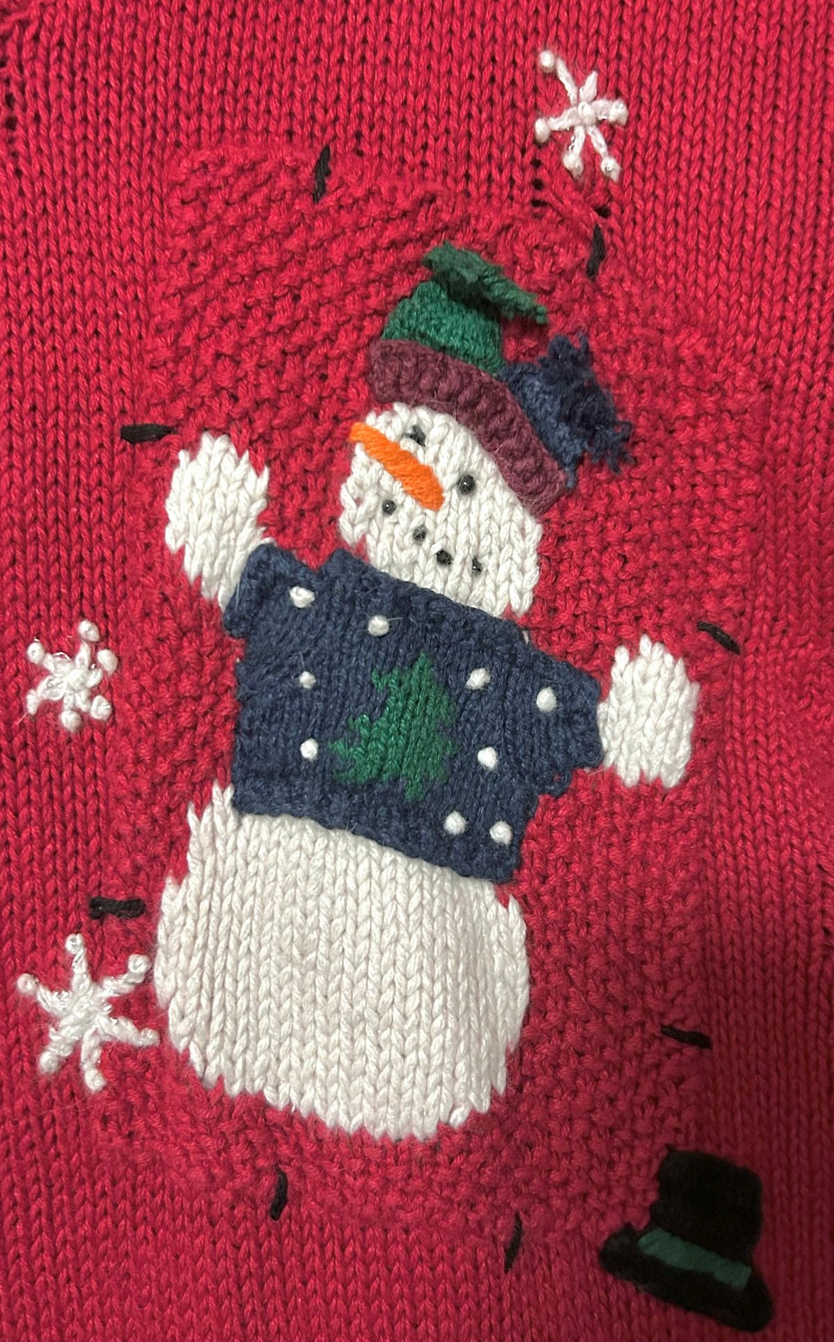 刺繍 ニット カーディガン スノーマン 雪だるま 雪 冬 赤 レトロ 