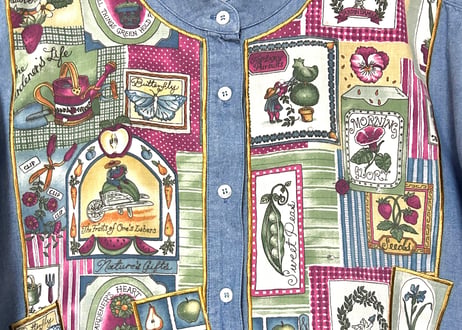 シャンブレー シャツ 花 果物 いちご 蝶 デニム 長袖 レトロ カントリー おしゃれ かわいい USA ヴィンテージ used vintage 古着/club723 クラブ723(N566)