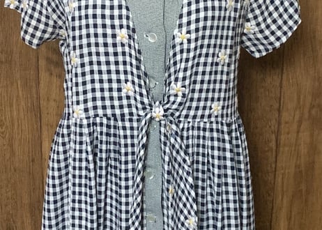 花 刺繍 チェック ロング ワンピース レトロ カントリー ガーリー かわいい USA ヴィンテージ vintage used 古着/club723(N419)