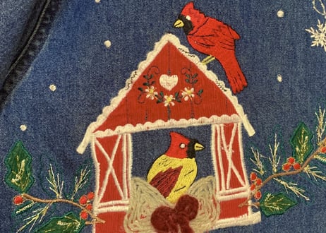 赤い鳥　クリスマス　デニム　シャツ　大きめ　ビッグ　XL 刺繍　アップリケ　家　リボン　アメリカン　カントリー　ヴィンテージ vintage used USA 古着/club723 (N151)