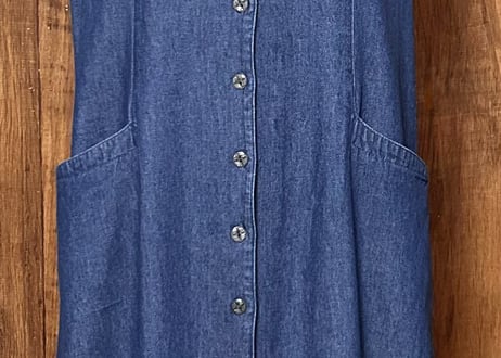 デニム ロング マキシ ワンピース ジャンパースカート 袖なし ボタン ポケット レトロ カントリー おしゃれ かわいい ヴィンテージ vintage used 古着/club723(N526)