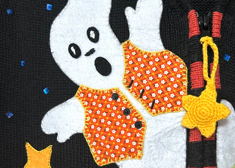 ハロウィン ハロウィーン ニットベスト おばけ 黒 刺繍 装飾 星 月 ファンシー レトロ 個性的 かわいい ヴィンテージ USA 古着/club723 クラブ723(N708)